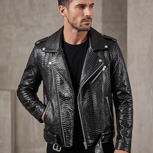 Veste de motard en cuir véritable noir pour homme, blouson de motard à motif peau de serpent gaufrée, manteau de moto western
