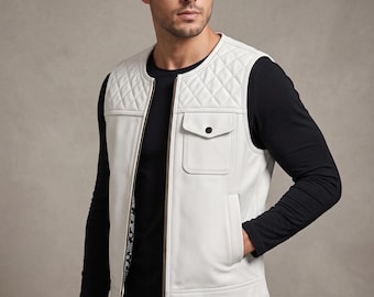 Men's White Genuine Leather Vest, Quilted Motorcycle Waistcoat, Handmade Cowhide Vest with Paisley Lining