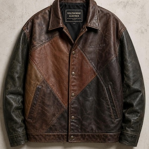 Men's Patchwork Distressed Leather Bomber Jacket | Brown Green Handmade Outerwear Coat