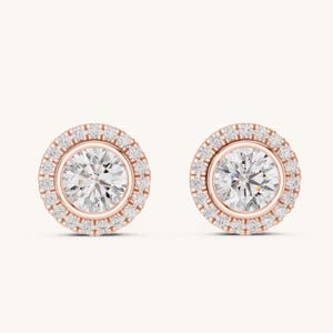 Round Cut Halo Moissanite Stud Earrings, 14K Rose Gold Earrings, Bridal Jewelry, Mothers day Gift, Dainty Valentines Gift for Her