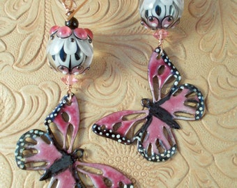 Statement Earrings Pink and Black Butterflies with Hand Torched Lampwork Beads - Obsidian and Crystal - Boho Style Dangles