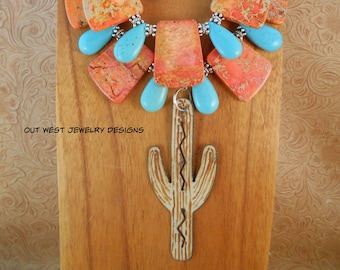 Western Cowgirl Necklace Set - Chunky Orange Impression Jasper and Turquoise Howlite - Saguaro Cactus Pendant - Boho Tribal