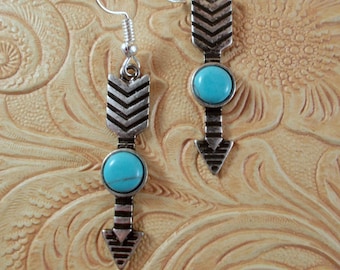 Western Rodeo Cowgirl Earrings - Tibetan Silver Arrow Dangles with Turquoise Howlite Cabochons - Southwestern