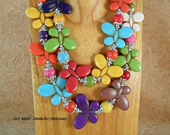 Western Cowgirl Necklace Set - Chunky Multicolored Howlite Butterflies with Matching Earrings - Statement Necklace