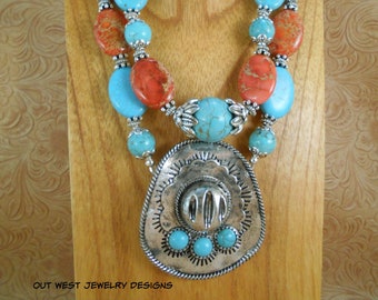 Western Cowgirl Necklace Set - Chunky Turquoise Howlite and Orange Impression Jasper with a Cowboy Hat Sombrero Pendant - Southwestern