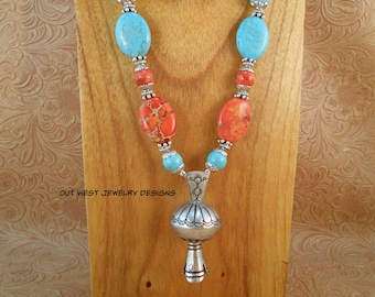 Western Cowgirl Necklace Set - Chunky Turquoise Howlite and Orange Impression Jasper with Silver Plated Squash Blossom Pendant Southwestern