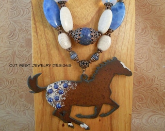 Western Cowgirl Necklace Set - Chunky Blue Agate and White Howlite - Opalite Crystal - Appaloosa Horse Pendant