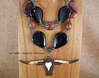 Western Cowgirl Statement Necklace - Chunky Brown and Black Agate - Texas Longhorn Pendant - Handmade Rodeo Jewelry