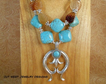 Western Cowgirl Necklace Set - Chunky Turquoise Howlite with Carnelian Jade and Coral - Naja Pendant - Boho Tribal Statement