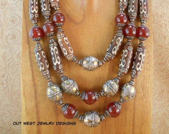 Statement Necklace Set - Chunky Brown and White Dzi Agate with Carnelian and Handcrafted Kazakh Beads - Tribal Style Boho Gypsy Cowgirl Long