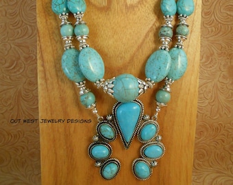 Western Cowgirl Necklace Set - Chunky Turquoise Howlite with Matching Naja Pendant - Southwestern Statement