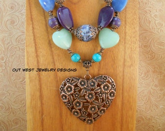 Western Cowgirl Necklace Set - Chunky Blue Agate with Turquoise Howlite, Green Quartz and Purple Jade - Copper Heart Pendant