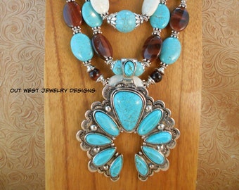 Western Cowgirl Necklace Set - Chunky White and Turquoise Howlite with Red Tiger Eye - Large Southwest Style Naja Pendant