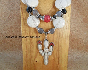 Western Cowgirl Necklace Set - Chunky White and Red Howlite with Black and Gray Agate - Saguaro Cactus Pendant