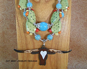 Western Cowgirl Necklace Set - Chunky Nopal Prickly Pear Cactus with Turquoise Howlite - Texas Longhorn Pendant