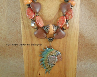 Western Cowgirl Necklace Set - Chunky Orange Impression Jasper and Carnelian with Brown Howlite - War Bonnet Pendant - Boho Rodeo Jewelry