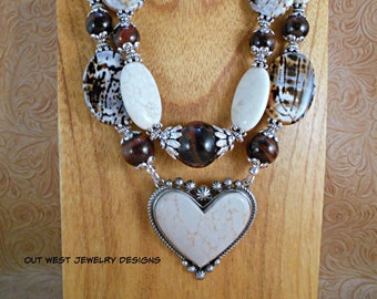 Western Cowgirl Necklace Set - Chunky Brown and Cream Agate with White Howlite Heart Pendant - Southwestern Statement