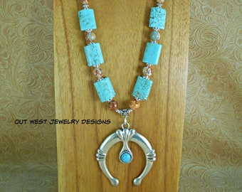 Western Cowgirl Necklace Set - Chunky Turquoise and Brown Howlite with Crazy Lace Agate and a Southwestern Style Naja Pendant - Extra Long