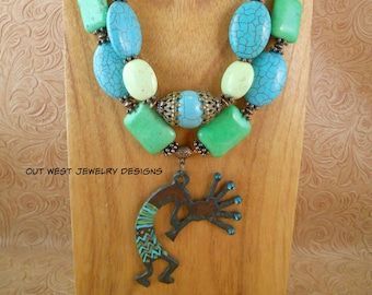 Western Cowgirl Necklace Set - Chunky Turquoise and Lime Green Howlite - Kokopelli Pendant - Statement Jewelry