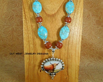 Western Cowgirl Necklace Set - Chunky Turquoise Impression Jasper with Brown Howlite and Texas Longhorn Pendant - Southwestern Fun