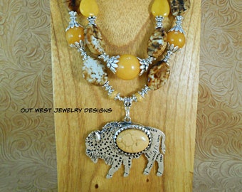 Western Cowgirl Necklace Set - Chunky Yellow Howlite and Brown Agate with a Bison or Buffalo Pendant - Southwestern