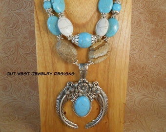 Western Cowgirl Necklace Set - Chunky Turquoise and White Howlite with Picture Jasper - Feather Naja Pendant - Boho Tribal Statement