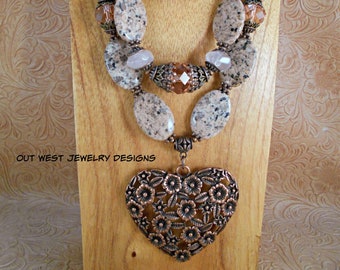 Western Cowgirl Necklace Set - Chunky Jasper and Rose Quartz - Copper Heart Pendant - Southwestern Statement Jewelry