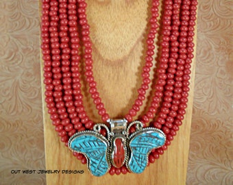 Western Cowgirl Statement Necklace Set - Chunky Handmade Turquoise and Coral Butterfly Pendant and Red Glass Beads