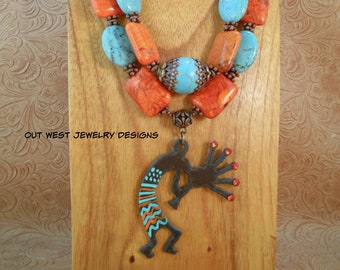 Western Cowgirl Necklace Set - Chunky Turquoise and Orange Howlite - Kokopelli Pendant - Statement Jewelry