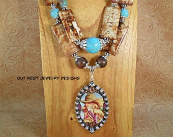 Western Necklace Set- Chunky Brown and Cream Agate with Turquoise Howlite and Red Tiger Eye - Cowgirl Concho Pendant