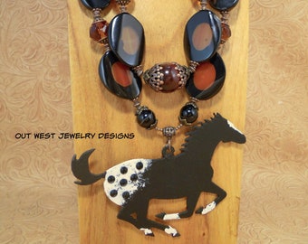 Western Cowgirl Necklace Set - Chunky Brown and Black Agate with Crystal - Appaloosa Running Horse Pendant