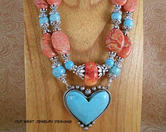 Western Cowgirl Necklace Set - Chunky Orange Impression Jasper and Turquoise Howlite with a Matching Heart Pendant - Southwestern Statement