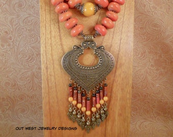 Statement Necklace Set - Chunky Orange Moroccan Resin with DZi Agate and Jade - Ethnic Bohemian Tribal Style Gypsy Nomad Jewelry