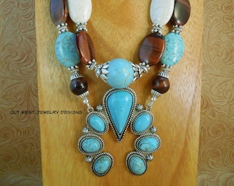 Western Cowgirl Necklace Set - Chunky Turquoise and White Howlite - Red Tiger Eye - Naja Pendant - Southwestern Statement