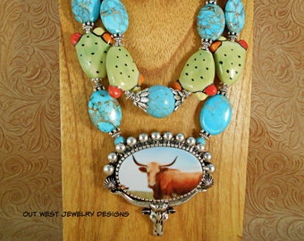 Western Cowgirl Necklace Set - Chunky Nopal Prickly Pear Cactus with Turquoise Howlite - Texas Longhorn Pendant and Earrings