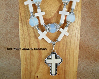 Western Cowgirl Necklace Set - Chunky White Howlite with Opalite Glass and Matching Cross Pendant - Christian Cowgirl Jewelry