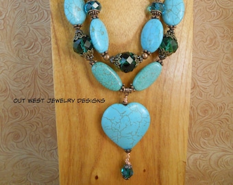 Western Cowgirl Statement Necklace Set - Chunky Turquoise and Green Howlite - Heart Pendant - Boho Gypsy Style