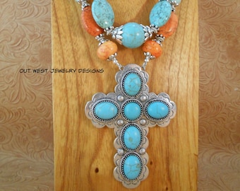 Western Necklace Set - Chunky Turquoise and Orange Howlite  -  Cross Pendant - Christian Cowgirl Jewelry