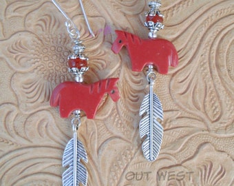 Rodeo Cowgirl Earrings - Southwest Style Carved Red Horse Fetish Beads with Faceted Jade