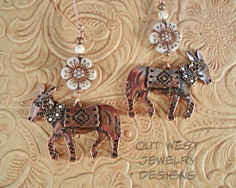 Western Cowgirl Earrings - Southwestern Copper Plated Burro or Donkey Dangles - Czech Glass Flowers and White Magnesite