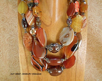 Western Cowgirl Necklace Set - Chunky Agate Jasper and Tiger Eye in Rich Browns - Gypsy Boho Chic - Western Statement Jewelry