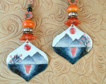 Enameled Arabesque Earrings - Mountain and Lake Scene - Hand Torched Lampwork and Black Obsidian - Gypsy Boho