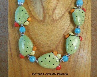 Western Cowgirl Necklace Set - Chunky Nopal Prickly Pear Cactus with Turquoise Howlite - Southwestern Fun