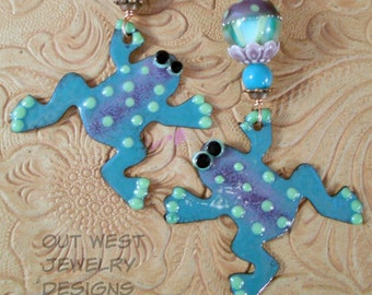 Tree Frog Earrings - Teal and Purple Boho Gypsy Cowgirl Style Dangles with Jade and Hand Torched Lampwork Beads