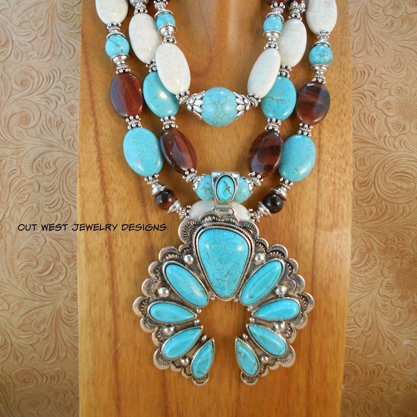 Western Cowgirl Necklace Set - Chunky White and Turquoise Howlite with Red Tiger Eye - Large Southwest Style Naja Pendant