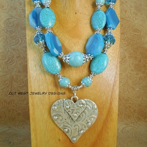 Western Cowgirl Necklace Set - Chunky Turquoise Howlite and Blue Agate - Silver Plated Heart Pendant