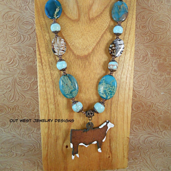 Western Cowgirl Necklace Set - Chunky Turquoise Howlite - Teal Impression Jasper and Brown Agate - Hereford Show Steer Pendant