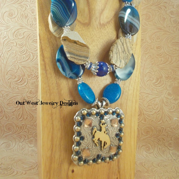 Cowgirl Necklace Set - Chunky Western Necklace -  Picture Jasper and Blue Banded Agate - Bucking Horse Concho Pendant with Crystals