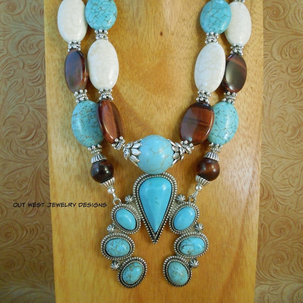 Western Cowgirl Necklace Set - Chunky Turquoise and White Howlite - Red Tiger Eye - Naja Pendant - Southwestern Statement