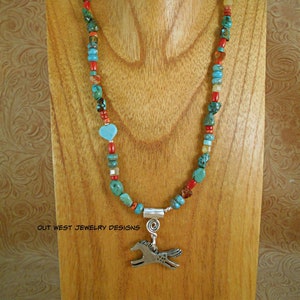 Western Cowgirl Necklace Set - Turquoise - Howlite - Jasper - Coral and Agate with a Pewter Spirit Horse Pendant - Southwestern